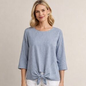 J.Jill Blue White Striped Tie Front Top XS Lightweight Coastal Nautical Modest